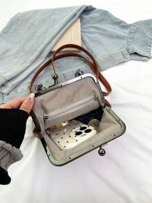 1个复古仿皮斜挎包，女士复古风吻锁迷你手提包，配有可调节肩带，纯色轻便都市手提包，涤纶衬里，男女通用 - 棕色 - 查看 9