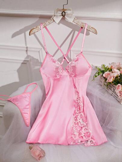 2pcs Sexy Lingerie Set Women, Pink Satin Floral Embroidery Mesh Breathable Comfy Sweet Pastoral Style Chemise Dress + Thong