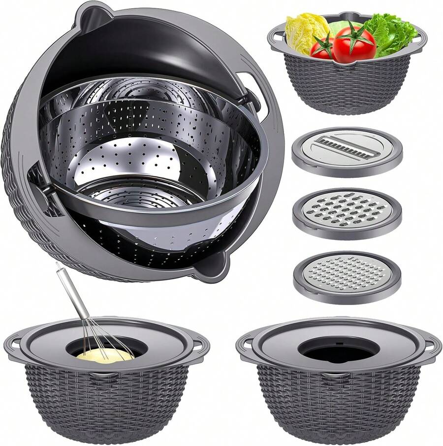4-1 Colander With Bowl Set - Pasta Strainer - Colander For Kitchen - Strainers And Colanders Rice Strainer Fruit Cleaner Veggie Wash Sink Strainer Kitchen Essentials - Dark Grey - Multicolor - View 1