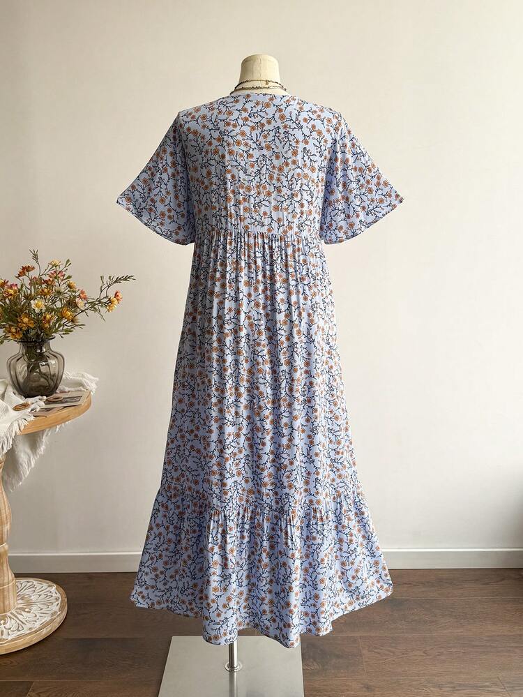 Rusttydustty 加大码复古绿色花卉长裙 V 领短袖高腰宽松休闲长裙 适合日常和野餐 波西米亚风花卉连衣裙 - 藍色 - 查看 5