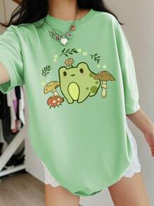 1 pieza Camiseta de manga corta con cuello redondo y estampado gráfico informal para niñas y estudiantes en verano, camiseta de moda joven con estampado de letra en inglés que inspira