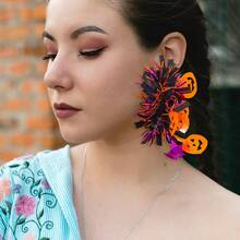 1 对万圣节彩色条纹流苏南瓜耳环，金属线彩色流苏装饰耳环适合节日派对、化妆舞会装饰