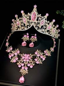 Set de 3 piezas de corona y accesorios para el cabello de novia, incluyendo aretes y collar - Joyería de princesa de estilo barroco de aleación, apta para boda, fiesta, novia, accesorios de graduación