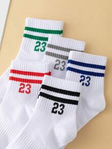 5 pares de calcetines deportivos para niños con patrón de doble barra de colores, calcetines transpirables y absorbentes para fútbol, baloncesto