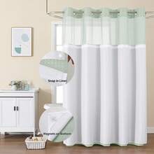 No Hook Shower Curtain With Snap In Fabric Liner, Waffle Weave Heavy Duty Thick Shower Curtains With Mesh Top Window, Hotel Style Waterproof Bathroom Curtain Set, Mint Green - 薄荷綠 - 查看 2