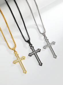 1pc Fashionable Minimalist Personalized Rhinestone Stainless Steel Cross Necklace, Wholesale Cross-Border High-End Long Black Sweater Chain, Fully Rhinestone Cross Pendant Necklace, European And American Hip Hop Charms Pendant, Household Holiday Birthday Gift For Men Daily Wear - New Diamond Cross Necklace - View 6