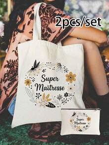 优雅花环帆布单肩包，印花黑色背心手提包和黑色小包，情人节礼物，伴娘个性化婚礼礼品包，化妆包，旅行便捷收纳包，适合购物、旅行和度假，适合赠送家人和朋友，返校季礼物 - 白色 - 查看 1