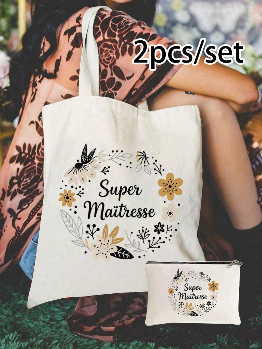 优雅花环帆布单肩包，印花黑色背心手提包和黑色小包，情人节礼物，伴娘个性化婚礼礼品包，化妆包，旅行便捷收纳包，适合购物、旅行和度假，适合赠送家人和朋友，返校季礼物 - 白色 - 查看 1