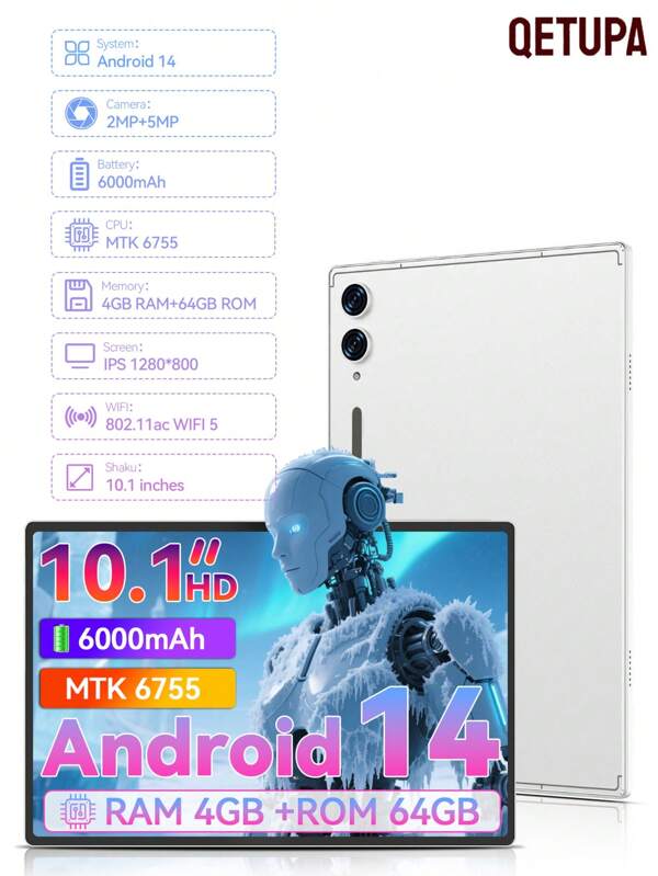 Qetupa 10.1" Android 14 Tablet With MTK 6755 Octa-Core 2.0GHZ Processor,4GB RAM 64GB ROM,HD(1280*800) IPS Touchscreen, 802.11ac Wi-Fi 5, BT 5.2, 2MP+5MP Dual Camera, 6000mAh Battery
