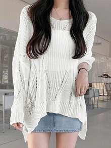 YCYC New Women's Design Hollow Out Solid Color Long Sleeve T-Shirt - White - View 3