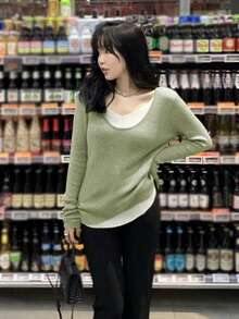 Autumn/Winter V-Neck Asymmetrical Knitted Sweater Top, Leisure Casual Undershirt For Women - Green - View 3