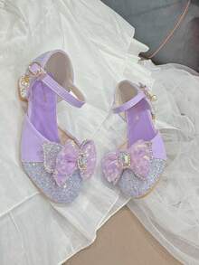 Scarpe con tacco alto e spesso per ragazze, con fiocco decorato con cristalli, luccicanti, adatte per principesse, occasioni di festa, multistag ione - Viola - Visualizzare 2