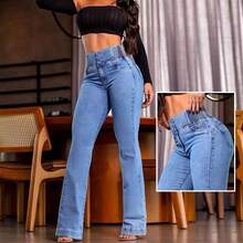 ChicMe Women's Back Shirred Button Front Cinch Jeans High Waist Pants With Pockets - 亮藍色 - 查看 1