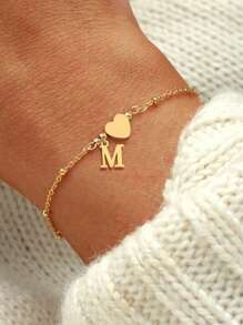 1pc Fashion Stainless Steel Heart Initial Bead Chain Bracelet For Women