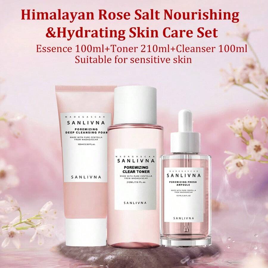 Conjunto de 3 Produtos de Cuidados com a Pele Nutritivos e Hidratantes de Centella Asiática e Rosa, 100ml Sérum + 210ml Tônico + 100ml Limpador, Hidratação, Esfoliação, Limpeza de Poros, Acalma a Pele Sensível, Para Rosto de Mulheres e Homens, Limpeza Diária de Beleza, Cuidados com a Pele Diurnos e Noturnos - 3 peças - Visão 1