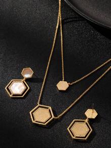1set Elegant Hexagon Mother-Of-Pearl Necklace & Earrings Jewelry Set, Perfect For Parties And Daily Wear