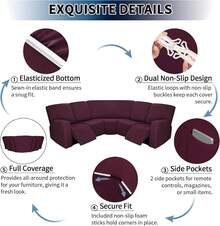 7-Pieces Sectional Sofa Covers, Extra Large Sectional Recliner Couch Covers For Reclining L Shape Couches Sofas, Stretch Washable Fleece Sofa Slipcovers With Pockets, 5 Seat, Wine - 彩色 - 查看 7