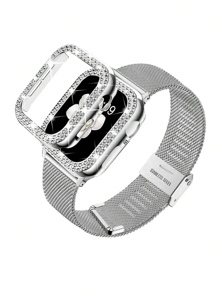 Huastonband 適用於 不鏽鋼編織錶帶 系列/SE/S11/S10/9/8/7/6/5/4，女款可調節運動防水透氣水晶鑽防摔亮面錶保護殼不鏽鋼編織錶帶 2 件組，38mm 40mm 41mm 42mm 44mm 45mm 智慧手錶配件錶帶與保護殼，女款珠寶金手鍊夏季海灘配件派對聚會度假禮物