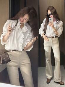 Áo sơ mi nữ tay dài màu trắng, kiểu dáng thanh lịch cổ điển Pháp, điểm nhấn bèo nhún, thích hợp mặc công sở, mùa thu/đông xuân. - trắng - Xem 6