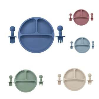 3pcs Baby Feeding Tableware Set With Smiling Face Design, Non-Slip Silicone Baby Plate With Divider, Fork And Spoon, Dishwasher & Microwave , Suitable For 0-3 Years Old Children