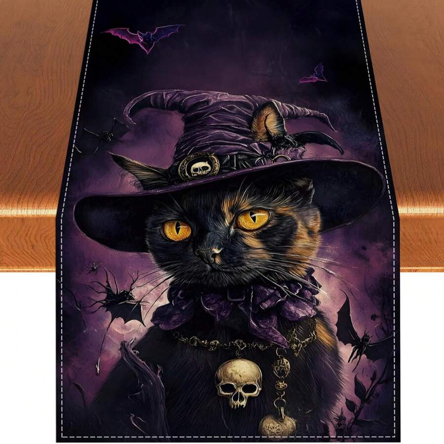 1/25pcs Halloween Series, Cat Print Linen Table Runner, Suitable For Holiday Parties, Birthday Dinners, Kitchen And Dining Room Decor, Furniture And Home Textile Decor. It Is A Multi-Purpose Home Decor Item Applicable For All Seasons, Perfect For Party And Holiday Decorations, And Also An Excellent Gift For Parents And Friends.