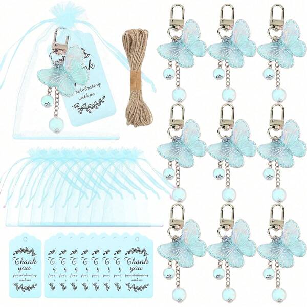 Juego de 61 piezas de recuerdos para baby shower de invitados: 20 llaveros de mariposa holográfica, 20 tarjetas de agradecimiento y 20 bolsas de organza como regalos de regreso para los invitados del baby shower