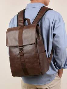 PU Backpack Leather Leisure Backpack Flip Buckle Men And Women Commuter Computer Bag Motorcycle Retro Backpack Multi-Pocket Fashion Bag Can Be Used As A Gift Bag For School School Accessories School Stuff - Multicolor - View 6