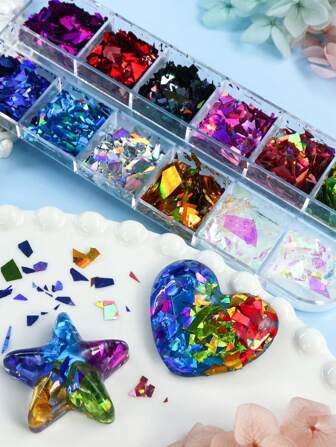 12 Grids/Box Holographic Asymmetrical Glitter Flakes Epoxy Resin Molds Filling Iridescent Large Fragments Summer Charms DIY Crafts Making Accessories