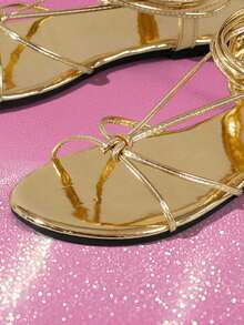 planare Women's Fashion Casual Comfortable Vacation-Style Thin Strap Tie-Up Open Toe Flat Sandals,Boho Style,Spring Summer Outfits - Gold - View 9