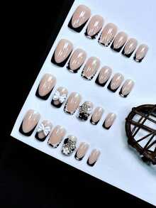 Y2K 24Pcs Set French Style Black & White Tie Dye Polka Dot Press-On Nails, Reusable, With Bowknot, Star Rhinestones, Cute & Chic, Suitable For Dates, Spring, New Year, Christmas, Daily, Birthday, Festival, Spring/Summer New Arrival Nail Supplies Nails - 黑白3 - 查看 11