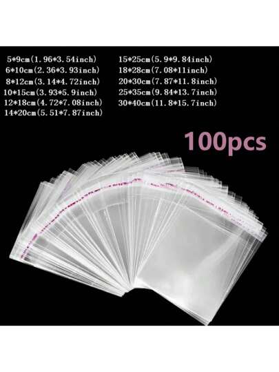 100 Stücke sortierte Größen transparente OPP selbstklebende Plastiktüten, geeignet für Schmuck, Backen, Schlüsselanhänger, Ornamente, Karten, Partybegünstigungen, Aufbewahrungstüten, Verpackung