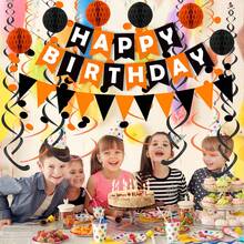 Black Orange Happy Birthday Banner Paper Triangle Flag Bunting Circle Confetti Dots Hanging Garland And Honeycomb Ball Swirl Streamers For Birthday Baby Shower Halloween Party Decoration Home Decor Halloween Decor Fall Decor Room Decor