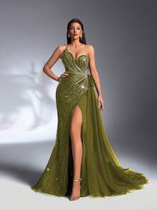 IBTRLY 新款奢华优雅橄榄绿不对称领口亮片刺绣拼接针织高开衩至大腿腰部3D网纱褶皱长款正式礼服，适合派对、婚礼宾客及其他场合。 - 草綠色 - 查看 3