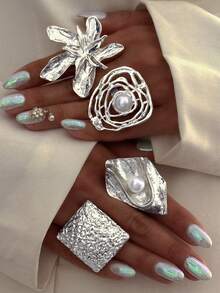 Nocturel 1/4pcs Vintage Fashion Exaggerated Metallic Geometric Wavy Crinkle Faux Pearl Rings, Unique Sweet Punk - Yellow Gold - View 12
