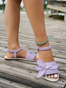 Women's Round Toe Flat Sandals With Strap Tree Leaves & Bow Design, Comfortable Versatile Casual Beach Holiday Style
