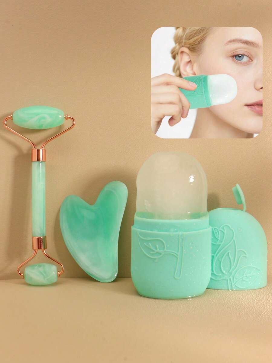 3 Stück/Set Gesichtsschönheit Gua Sha Massage Eismaske Werkzeug-Set beinhaltet Massagerolle, Schabevorrichtung, grüne Farbe, Körpermeridian Entblockierung, Gesichtslifting Massage, Schönheit, Hautpflege Produkte, Spa, Selbstpflege, Hautpflegewerkzeuge, Gesichtspflege, Ästhetik Zubehör, Massage, Gesichtsmassage Werkzeug, Gesichtsrolle - Grün - Übersicht 1