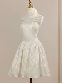 Spaghetti Strap Romantic Floral Decor Sleeveless Pleated Baroque Princess Skirt, Bride Gift Dress Suitable For Graduation Prom Party