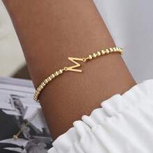 1 件时尚简约金色字母可调节串珠链手链女士 - 金黃色 - 查看 1