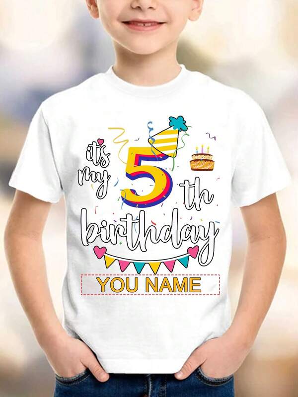 Customized Text & Birthday Number Print Short Sleeve Sports T-Shirt For Boys & Girls