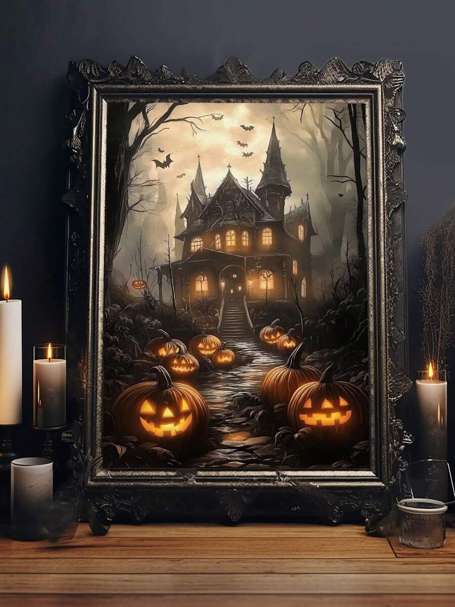 1 Stück gerahmte Leinwand Wandkunst, bereit zum Aufhängen, wasserdicht, Wandkunst, Poster, gerahmtes Wandgemälde, Herbst, Halloween, Horror Spukhaus Leinwandgemälde, Kürbis Party Wandkunst, gotische Halloween Dekoration, Heimdekoration, Herbstdekoration, Raumdekoration
