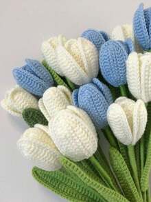 6 Pack Fake Tulips Artificial Flower Bouquet For Decoration, Tulip Crochet Flowers Bouquet For Table Decor, Handmade Knitted Tulip Flower With Stem & Leaf, Tulip Forever Flower - 樣式 1 - 查看 2