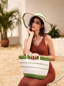 Tropiscape 草帽+草编包套装,女士彩色条纹草帽和手提包,适合夏季波西米亚风海滩度假,1顶时尚宽檐防晒帽,可折叠设计,1个带手机和储物隔层的手提包,适合户外休闲旅行和日常搭配,秋季圣诞节冬季圣诞礼物