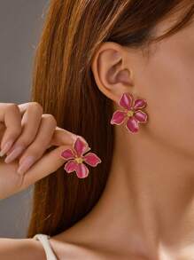 2 Pcs Fashion Needle Drop Glaze Pink Red Flower Earrings Claret Flower Stud Earrings Ladies Daily Wear Accessories