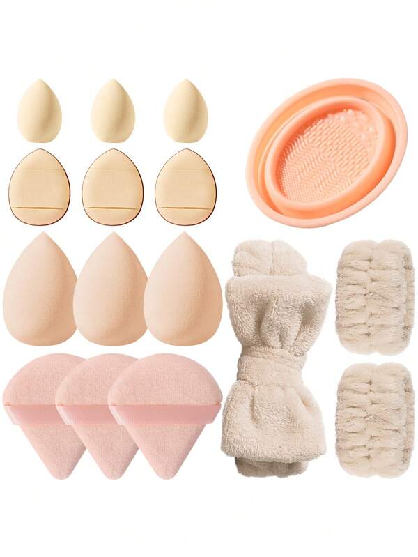 16-Piece Complete Makeup Tool Set Includes 3 Liquid Makeup Sponges + 3 Triangular Puff Pieces + 3 Finger Puff Pieces + 3 Mini Makeup Sponges + 1 Hairband + 2 Wristbands + 1 Brush Washer