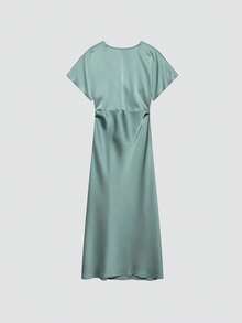 女士V领收腰修身缎面连衣裙，法式浪漫/度假风，夏季优雅 - 綠色 - 查看 2