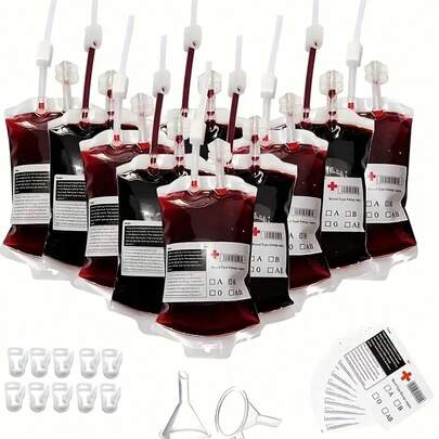 3/16/31 Stücke Halloween Party Getränketüten Set - Vampir Krankenschwester und Zombie Themen Plastik Getränkegeschenktüte mit Etiketten und Clips, wiederverwendbare Bluttüte für Horror Krankenhaus Stil Veranstaltungen, ohne Strom benötigt