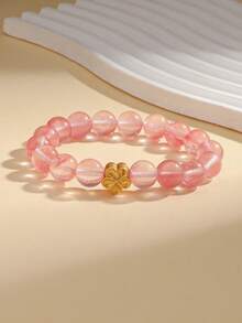 1 件欧美时尚 10 毫米天然草莓水晶弹力手链，14k 纳福珠手链，手工串珠女士魅力珠宝，适合女性和女孩在日常海滩、派对和节日佩戴，精美的情人节礼物。