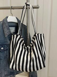 时尚复古条纹帆布手提包，大容量，用途广泛，是工作、上学或户外活动的理想之选，可用作背包、帆布包或沙滩包。 - 黑色 - 查看 7