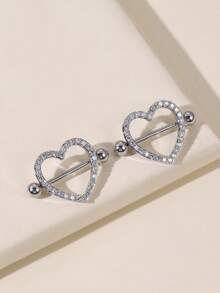 1 Pair Heart Zirconia Studded Nipple Rings, Suitable For Daily Wear - Silver - View 1