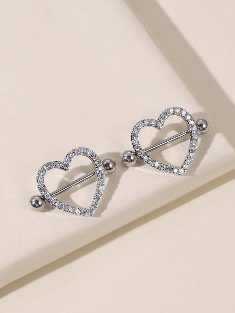 1 Pair Heart Zirconia Studded Nipple Rings, Suitable For Daily Wear - Silver - View 1